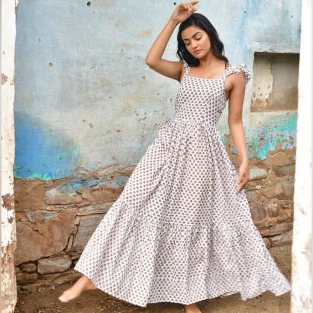 NWT-Daughters of India White, olive and brown Midi Dress